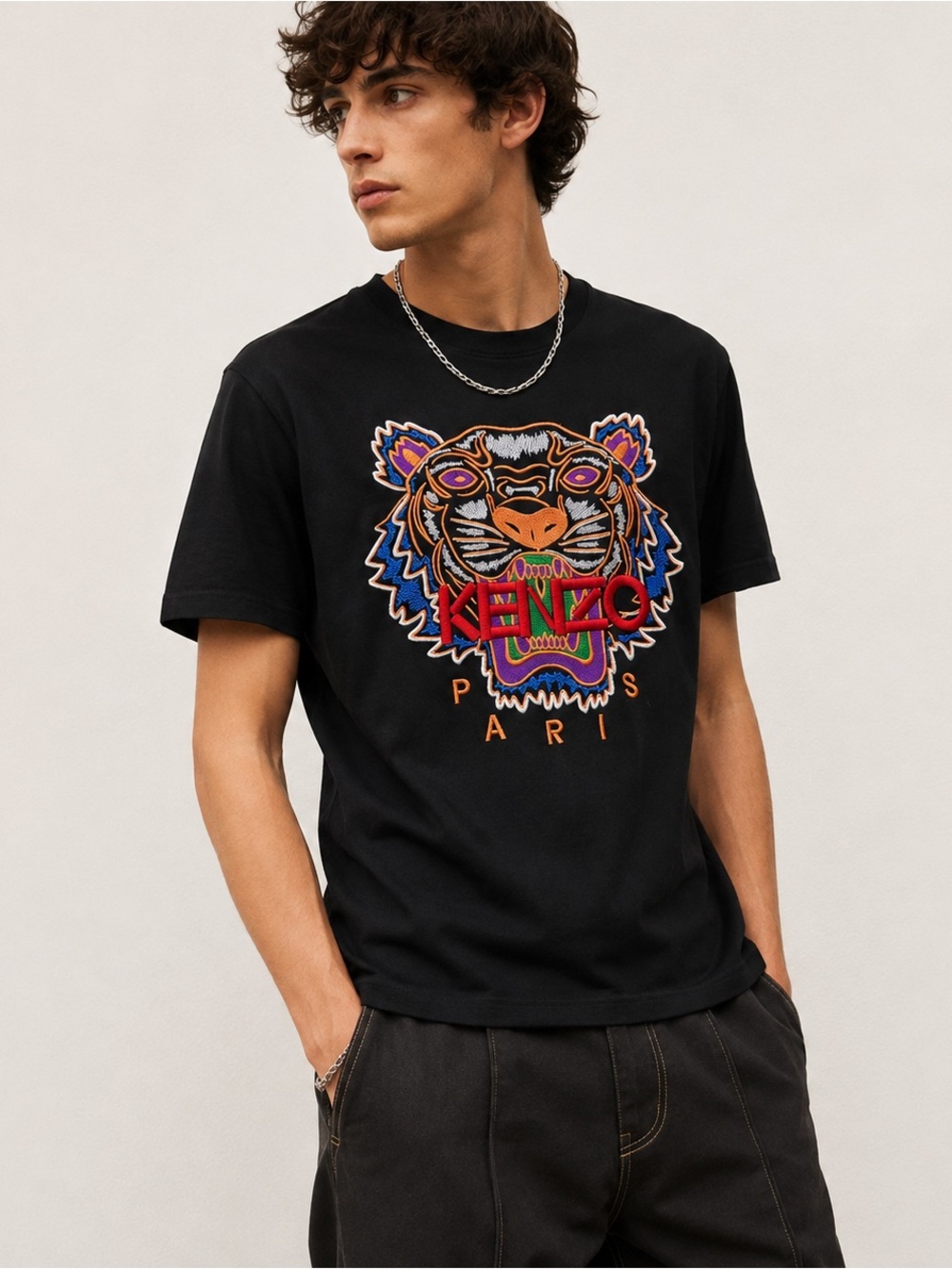 Kenzo Paris Iconic Tiger Embroidered T-Shirt Black Multicolor Size Large L